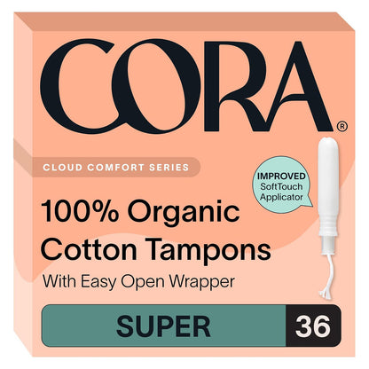 Cora Organic Cotton Tampons - Super Absorbency - Unscented - 36 Count