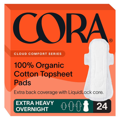 Cora 코라 유기농 순면 탑시트 생리대 - 엑스트라 헤비 오버나이트 (350mm) - 날개형 - 24개입