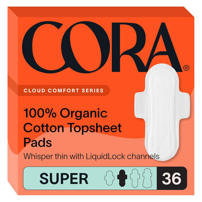 Cora 코라 유기농 순면 탑시트 생리대 - 슈퍼 (280mm) - 날개형 - 36개입