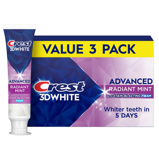 Crest 크레스트 3D 화이트 어드밴스드 래디언트 민트 미백 치약 밸류 3팩 스테인 블라스팅 폼·5일 화이트닝 (3 × 3.3oz / 93g)