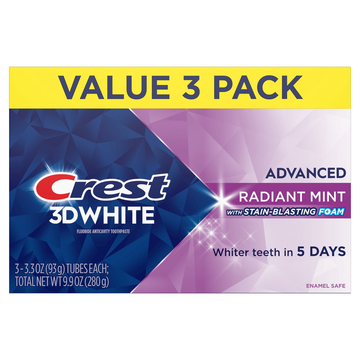 Crest 크레스트 3D 화이트 어드밴스드 래디언트 민트 미백 치약 밸류 3팩 스테인 블라스팅 폼·5일 화이트닝 (3 × 3.3oz / 93g)