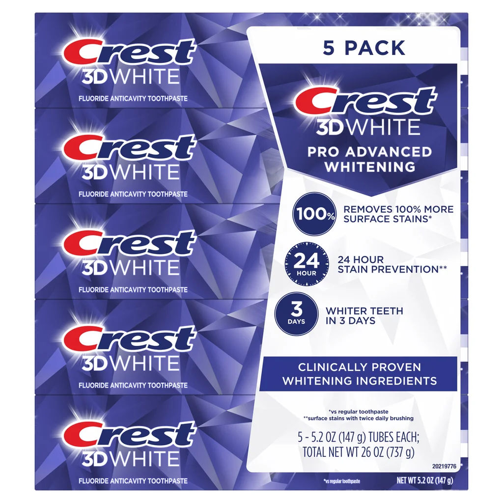 Crest 크레스트 3D 화이트 어드밴스드 화이트닝 치약 패밀리 5팩 100% 표면 착색 제거·24시간 착색 방지 (5 × 5.2oz)