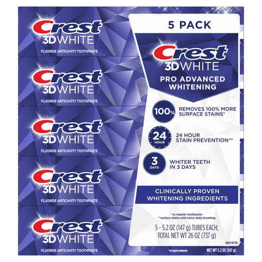 Crest 크레스트 3D 화이트 어드밴스드 화이트닝 치약 패밀리 5팩 100% 표면 착색 제거·24시간 착색 방지 (5 × 5.2oz)