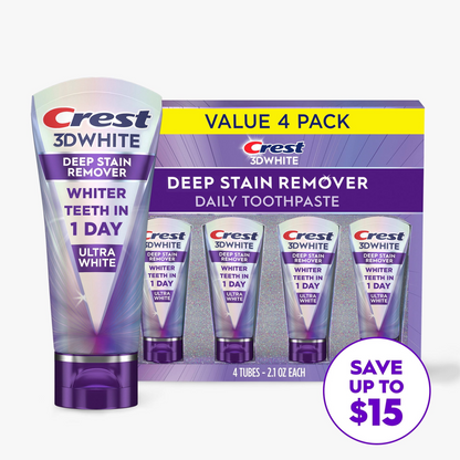 Crest 크레스트 3D 화이트 브릴리언스 딥 스테인 리무버 미백 치약 4팩 1일 화이트닝·일상용 (4 × 2.1oz)