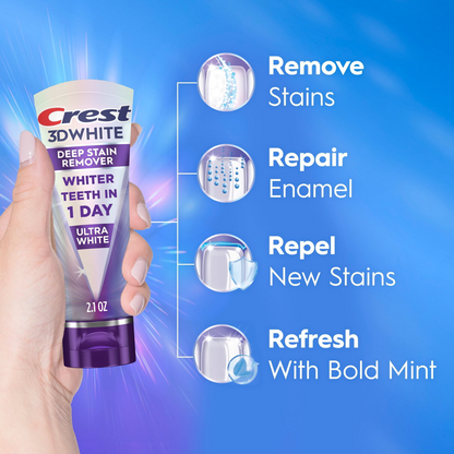 Crest 크레스트 3D 화이트 브릴리언스 딥 스테인 리무버 미백 치약 4팩 1일 화이트닝·일상용 (4 × 2.1oz)