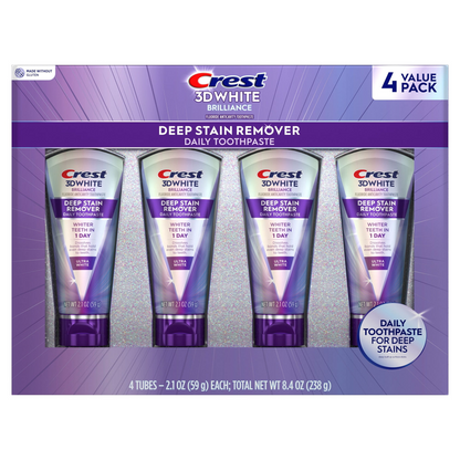 Crest 크레스트 3D 화이트 브릴리언스 딥 스테인 리무버 미백 치약 4팩 1일 화이트닝·일상용 (4 × 2.1oz)