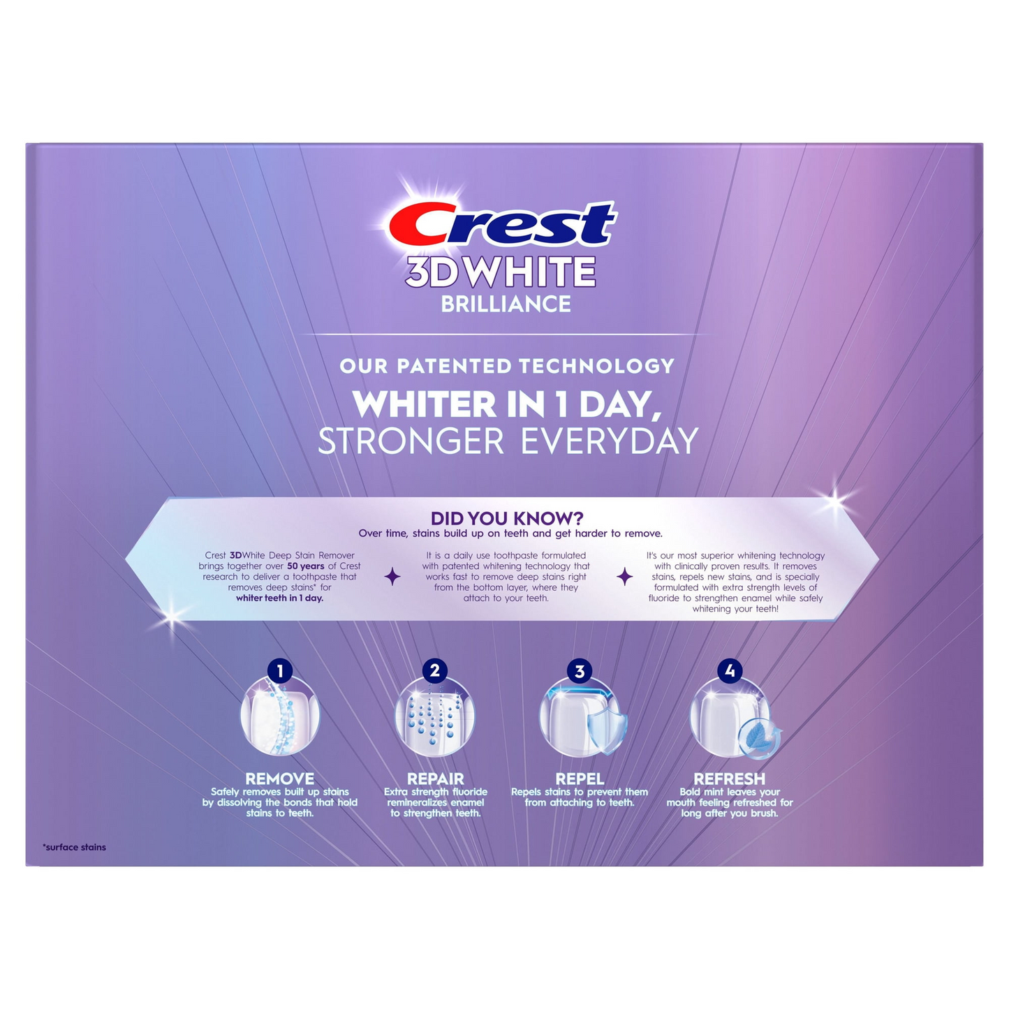 Crest 크레스트 3D 화이트 브릴리언스 딥 스테인 리무버 미백 치약 4팩 1일 화이트닝·일상용 (4 × 2.1oz)