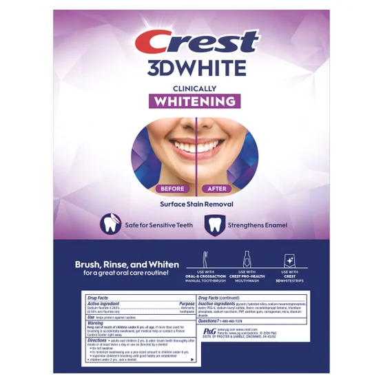 Crest 크레스트 3D 화이트 브릴리언트 민트 미백 치약 패밀리 5팩 임상 검증·100% 더 많은 착색 제거·시린이 안전 (5 × 5.2oz)