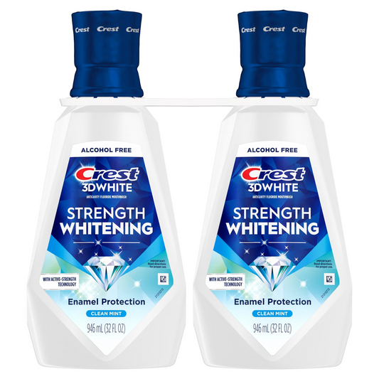 Crest 3D White Strength Whitening Mouthwash — Clean Mint, Family 2-Pack, Alcohol-Free, Higher-Concentration Hydrogen Peroxide for Intensive Whitening (2 × 32 fl oz)