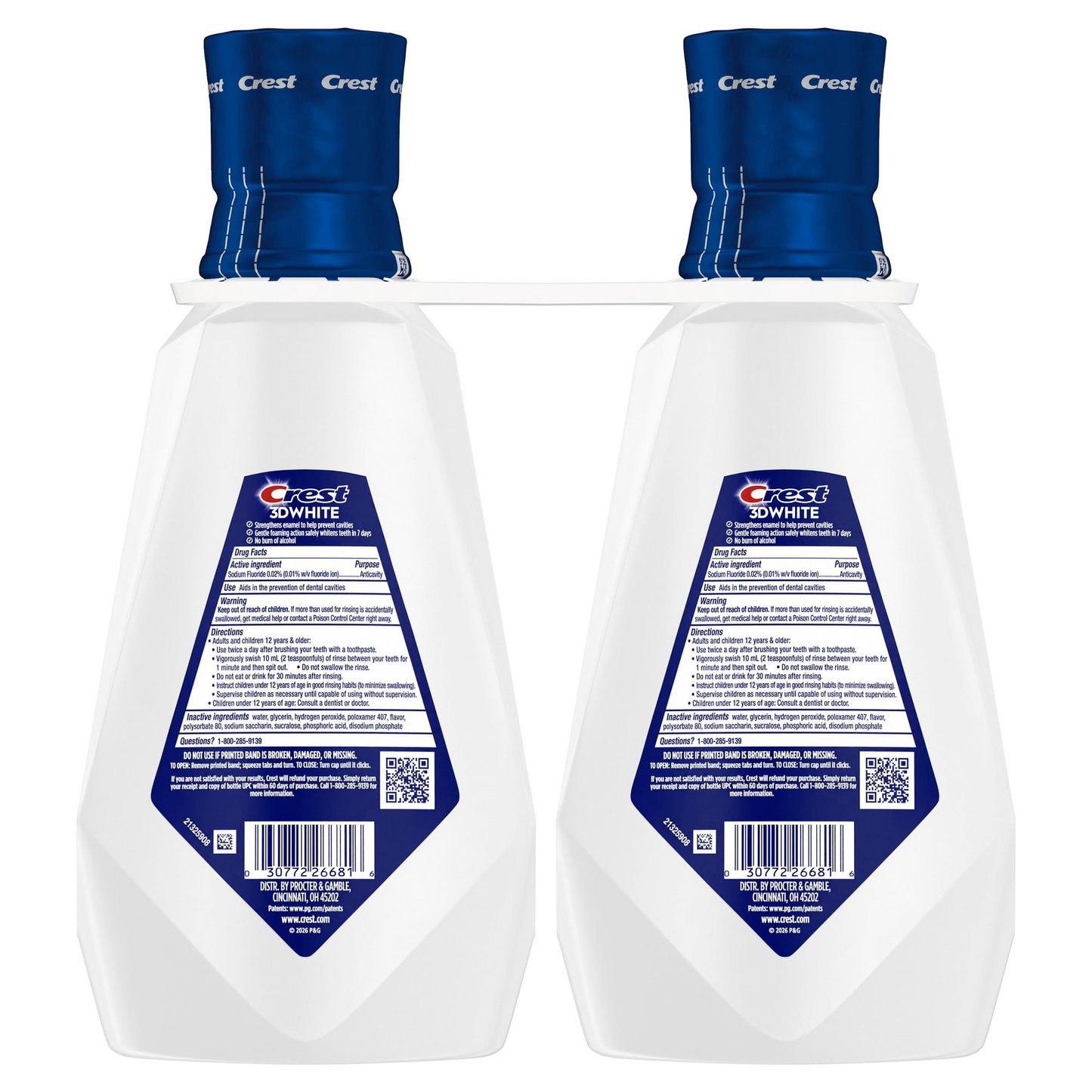 Crest 3D White Strength Whitening Mouthwash — Clean Mint, Family 2-Pack, Alcohol-Free, Higher-Concentration Hydrogen Peroxide for Intensive Whitening (2 × 32 fl oz)
