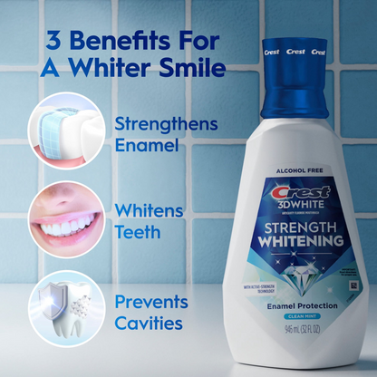 Crest 3D White Strength Whitening Mouthwash — Clean Mint, Family 2-Pack, Alcohol-Free, Higher-Concentration Hydrogen Peroxide for Intensive Whitening (2 × 32 fl oz)