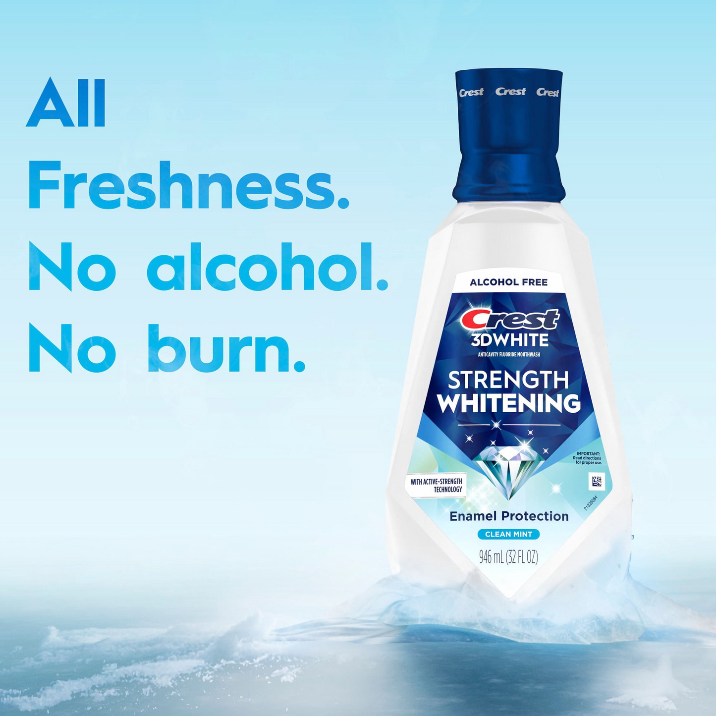 Crest 3D White Strength Whitening Mouthwash — Clean Mint, Family 2-Pack, Alcohol-Free, Higher-Concentration Hydrogen Peroxide for Intensive Whitening (2 × 32 fl oz)