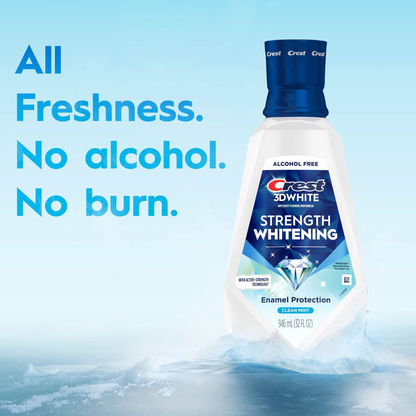 Crest 3D White Strength Whitening Mouthwash — Clean Mint, Family 2-Pack, Alcohol-Free, Higher-Concentration Hydrogen Peroxide for Intensive Whitening (2 × 32 fl oz)