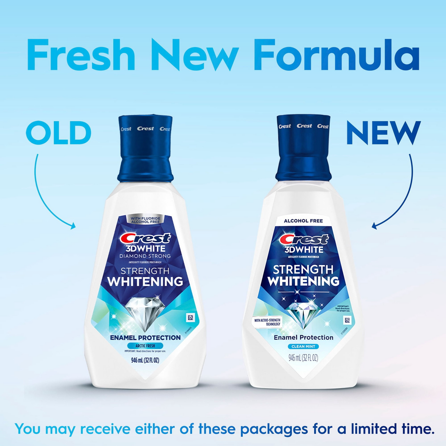 Crest 3D White Strength Whitening Mouthwash — Clean Mint, Family 2-Pack, Alcohol-Free, Higher-Concentration Hydrogen Peroxide for Intensive Whitening (2 × 32 fl oz)