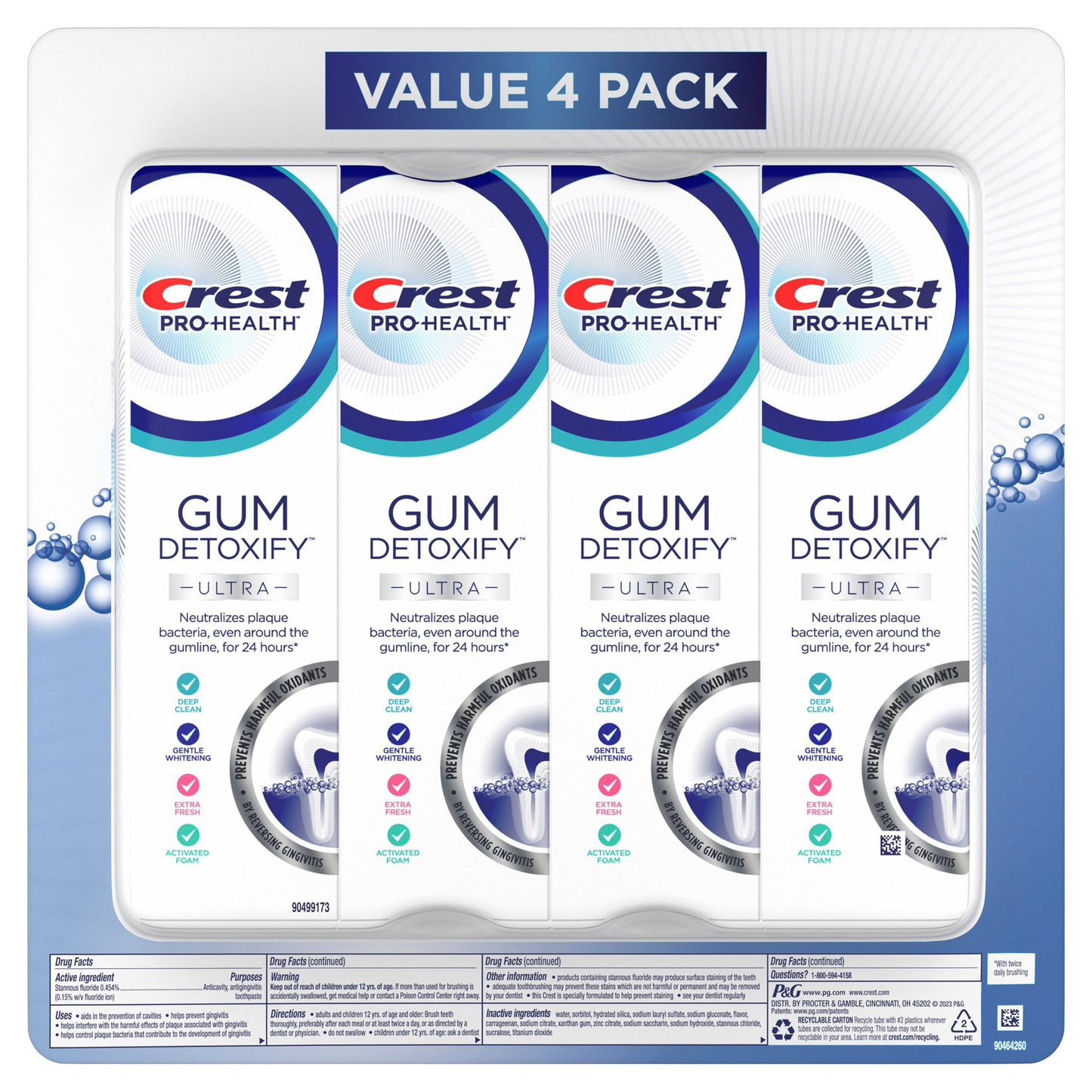 Crest 크레스트 검 디톡시파이 울트라 치약 패밀리 4팩 잇몸 라인 박테리아 활성 폼·불화제일주석 (4 × 4.7oz)