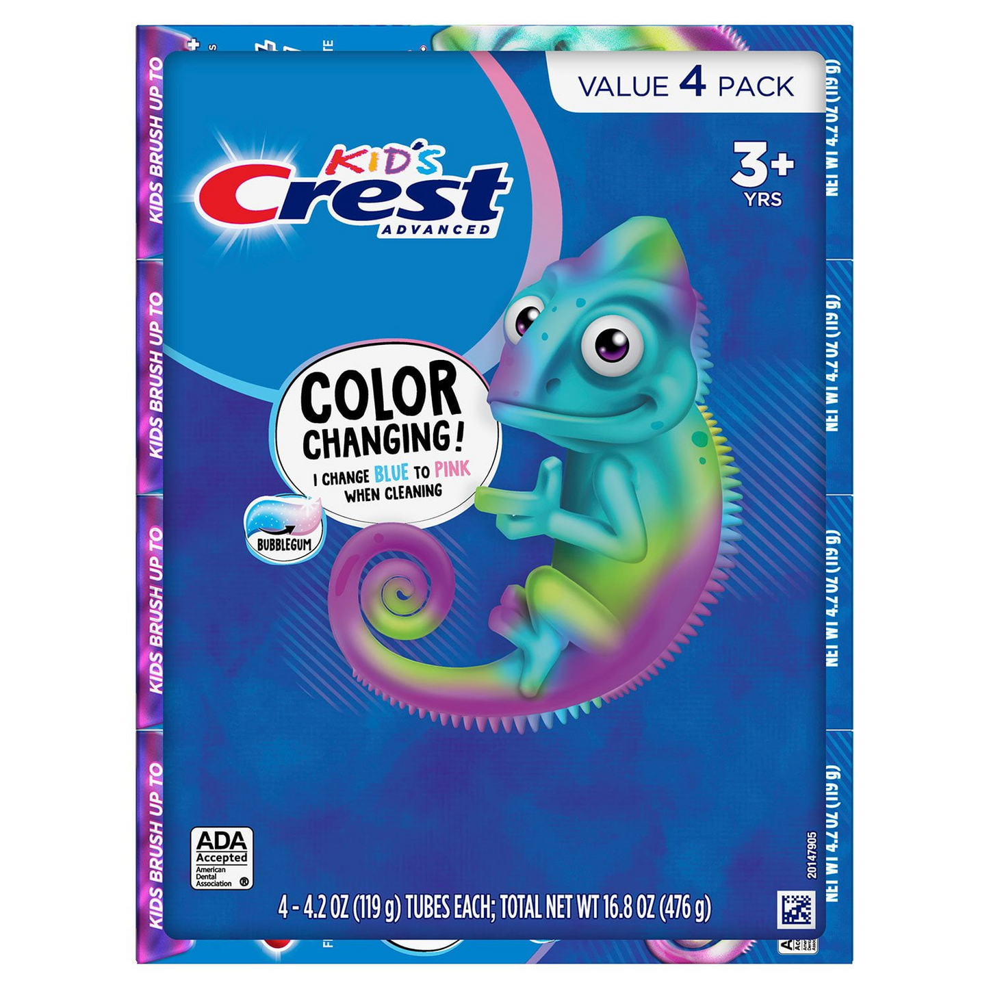 Crest 크레스트 키즈 어드밴스드 컬러 체인지 치약 버블검 향 패밀리 4팩 양치 중 파랑→흰색 변화로 2분 양치 유도 (4 × 4.2oz)