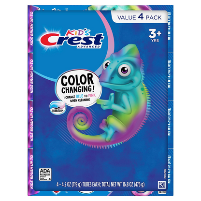 Crest 크레스트 키즈 어드밴스드 컬러 체인지 치약 버블검 향 패밀리 4팩 양치 중 파랑→흰색 변화로 2분 양치 유도 (4 × 4.2oz)