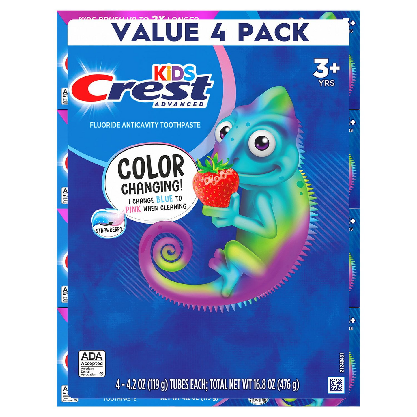 Crest 크레스트 키즈 어드밴스드 컬러 체인지 치약 딸기 향 패밀리 4팩 양치 중 분홍→흰색 변화로 2분 양치 유도 (4 × 4.2oz)