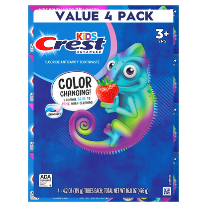Crest 크레스트 키즈 어드밴스드 컬러 체인지 치약 딸기 향 패밀리 4팩 양치 중 분홍→흰색 변화로 2분 양치 유도 (4 × 4.2oz)