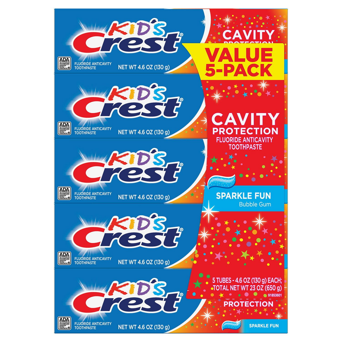 Crest Kid's Sparkle Fun Toothpaste — Family 5-Pack, Classic Kid's Cavity Prevention with Sparkle Visual Appeal (5 × 4.6 oz)