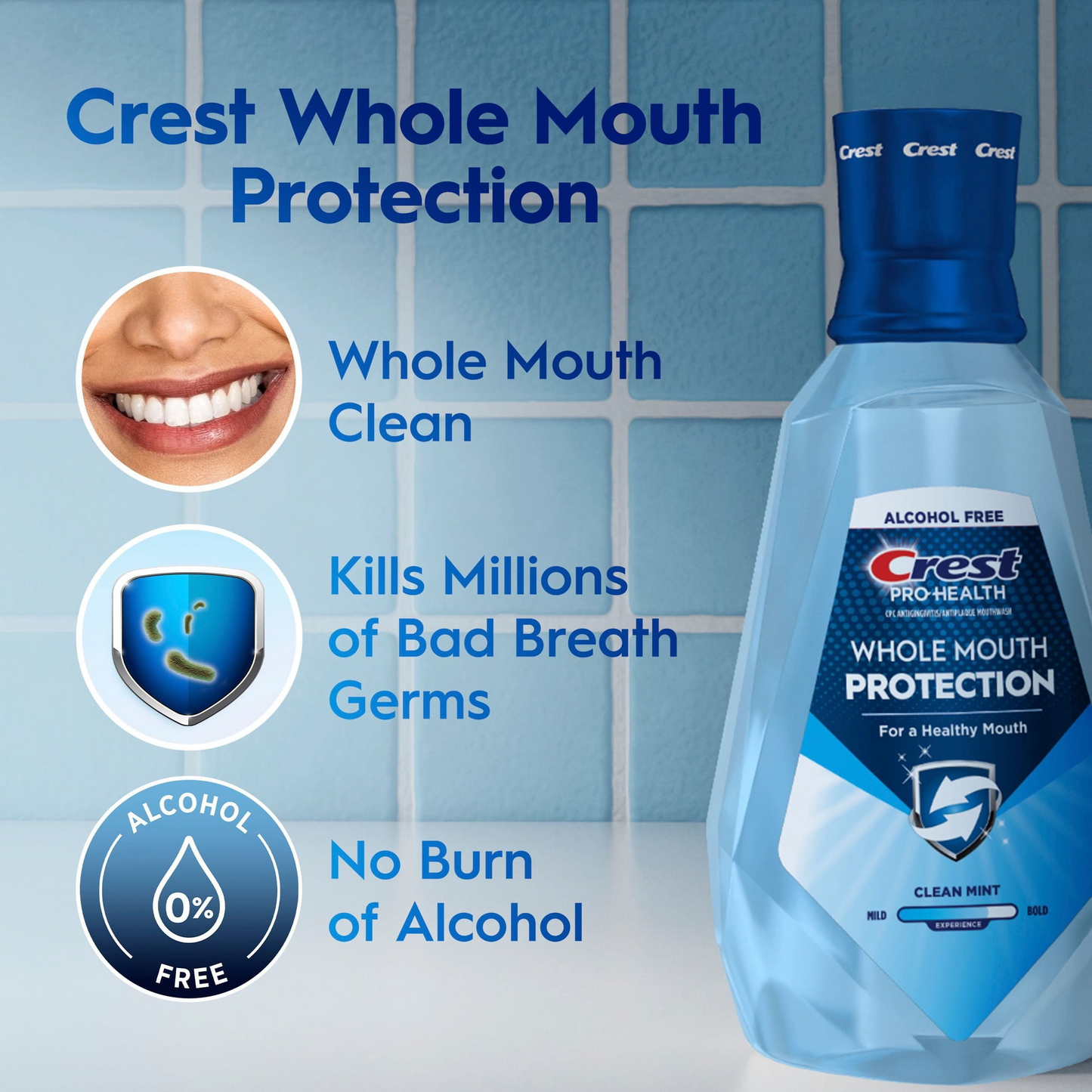 Crest 크레스트 프로헬스 어드밴티지 멀티 프로텍션 구강세정제 스무스 민트 패밀리 3팩 무알코올·6중 치아 보호 (3 × 33.8 fl oz)