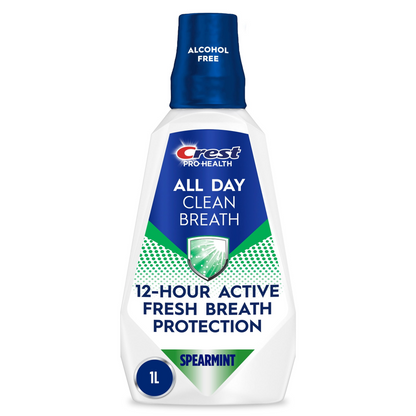 Crest Pro-Health All Day Clean Breath Mouthwash — Spearmint, Alcohol-Free, Antigingivitis + Antiplaque CPC Formula (1 L / 33.8 fl oz)