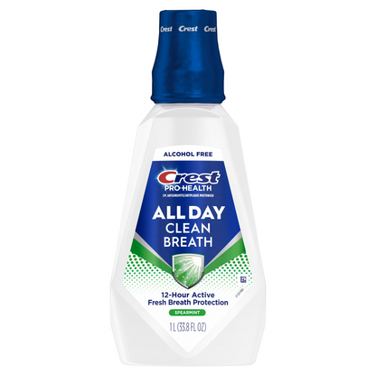 Crest Pro-Health All Day Clean Breath Mouthwash — Spearmint, Alcohol-Free, Antigingivitis + Antiplaque CPC Formula (1 L / 33.8 fl oz)