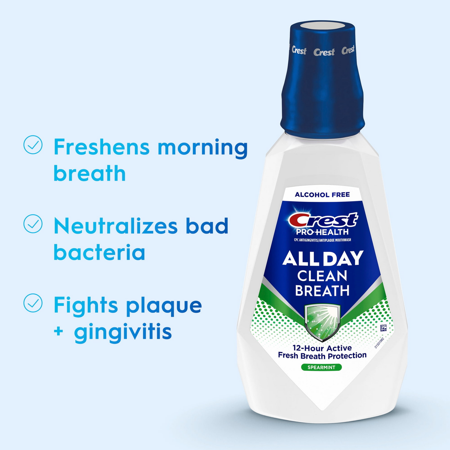 Crest Pro-Health All Day Clean Breath Mouthwash — Spearmint, Alcohol-Free, Antigingivitis + Antiplaque CPC Formula (1 L / 33.8 fl oz)