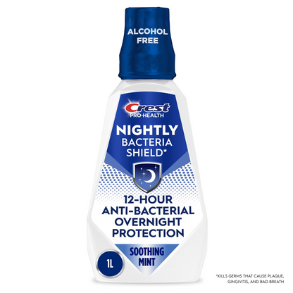 Crest Pro-Health Nightly Bacteria Shield Mouthwash — Soothing Mint, Alcohol-Free, Overnight Antibacterial Protection (1 L / 33.8 fl oz)