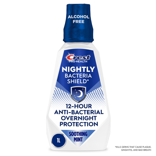 Crest Pro-Health Nightly Bacteria Shield Mouthwash — Soothing Mint, Alcohol-Free, Overnight Antibacterial Protection (1 L / 33.8 fl oz)