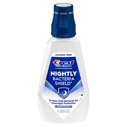 Crest Pro-Health Nightly Bacteria Shield Mouthwash — Soothing Mint, Alcohol-Free, Overnight Antibacterial Protection (1 L / 33.8 fl oz)