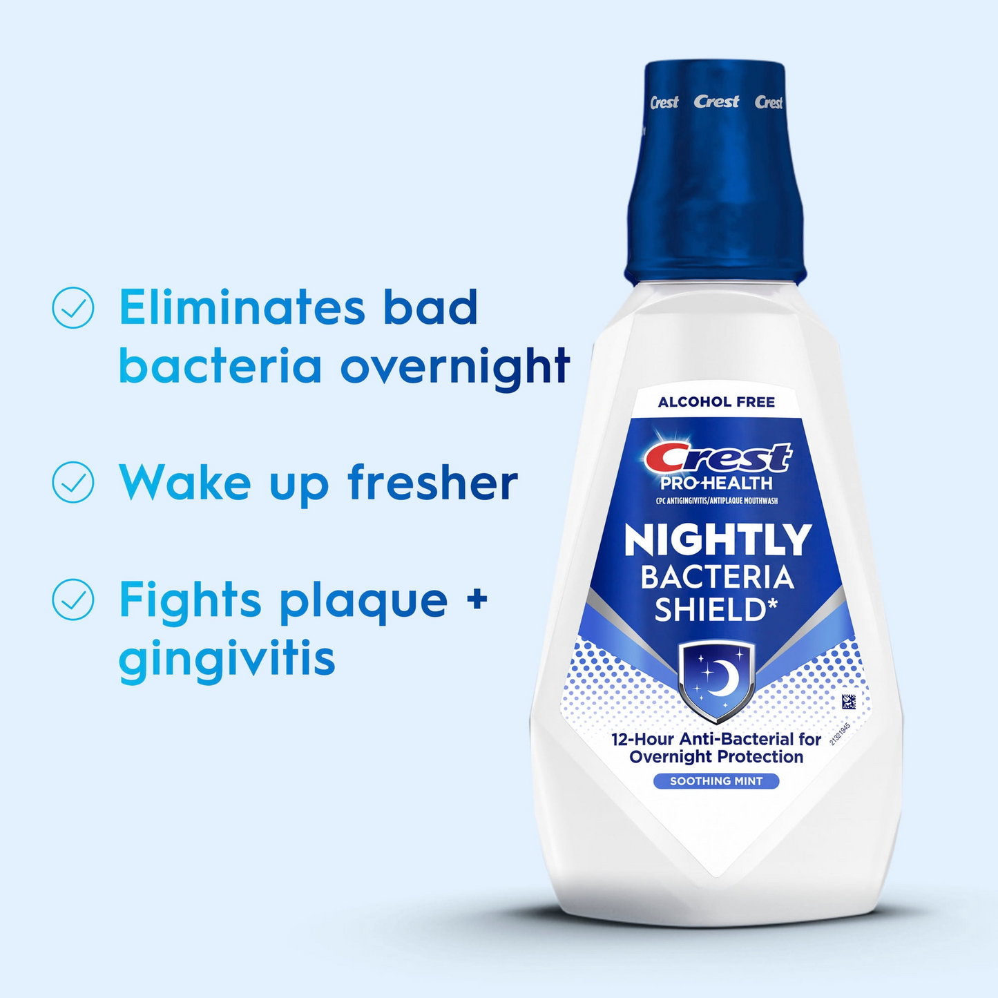 Crest Pro-Health Nightly Bacteria Shield Mouthwash — Soothing Mint, Alcohol-Free, Overnight Antibacterial Protection (1 L / 33.8 fl oz)