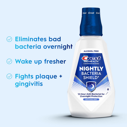 Crest Pro-Health Nightly Bacteria Shield Mouthwash — Soothing Mint, Alcohol-Free, Overnight Antibacterial Protection (1 L / 33.8 fl oz)