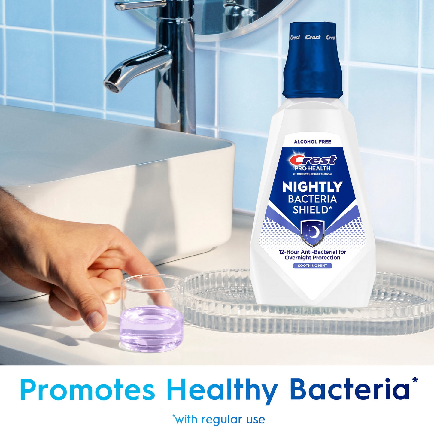 Crest Pro-Health Nightly Bacteria Shield Mouthwash — Soothing Mint, Alcohol-Free, Overnight Antibacterial Protection (1 L / 33.8 fl oz)