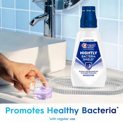 Crest Pro-Health Nightly Bacteria Shield Mouthwash — Soothing Mint, Alcohol-Free, Overnight Antibacterial Protection (1 L / 33.8 fl oz)