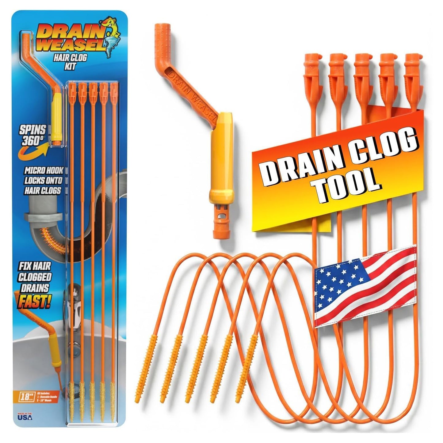 FlexiSnake Drain Weasel Sink Snake Hair Clog Remover Kit - 5 Wands