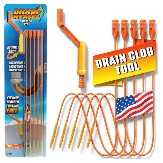 FlexiSnake Drain Weasel Sink Snake Hair Clog Remover Kit - 5 Wands
