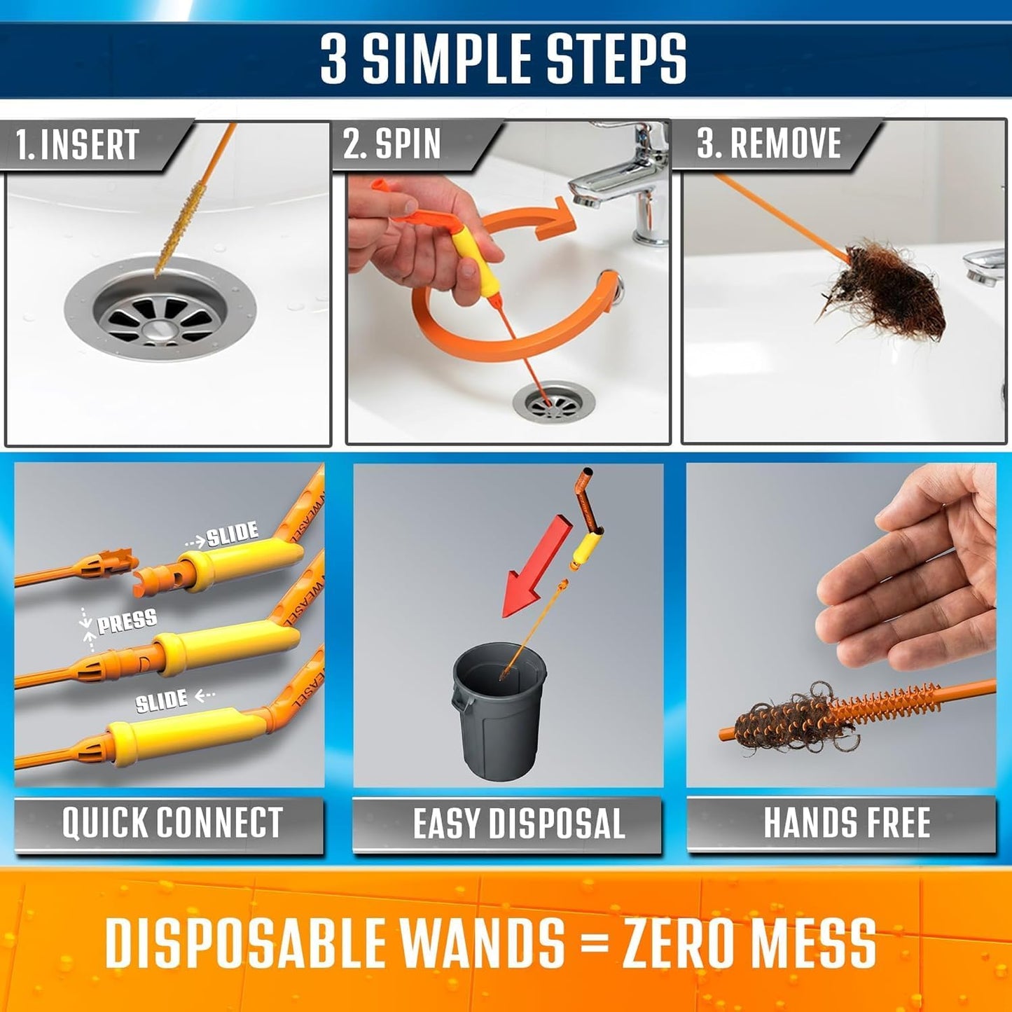 FlexiSnake Drain Weasel Sink Snake Hair Clog Remover Kit - 5 Wands