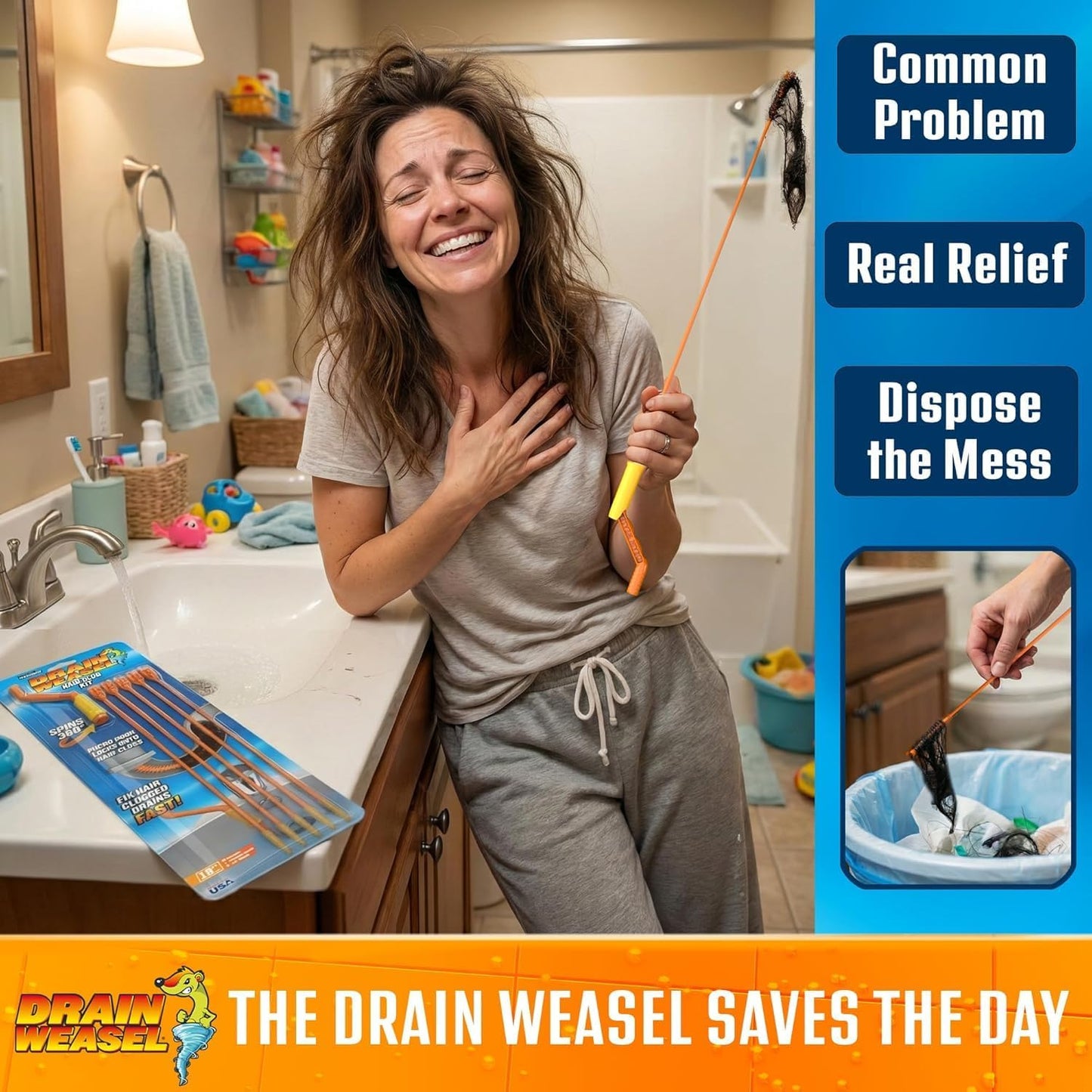 FlexiSnake Drain Weasel Sink Snake Hair Clog Remover Kit - 5 Wands