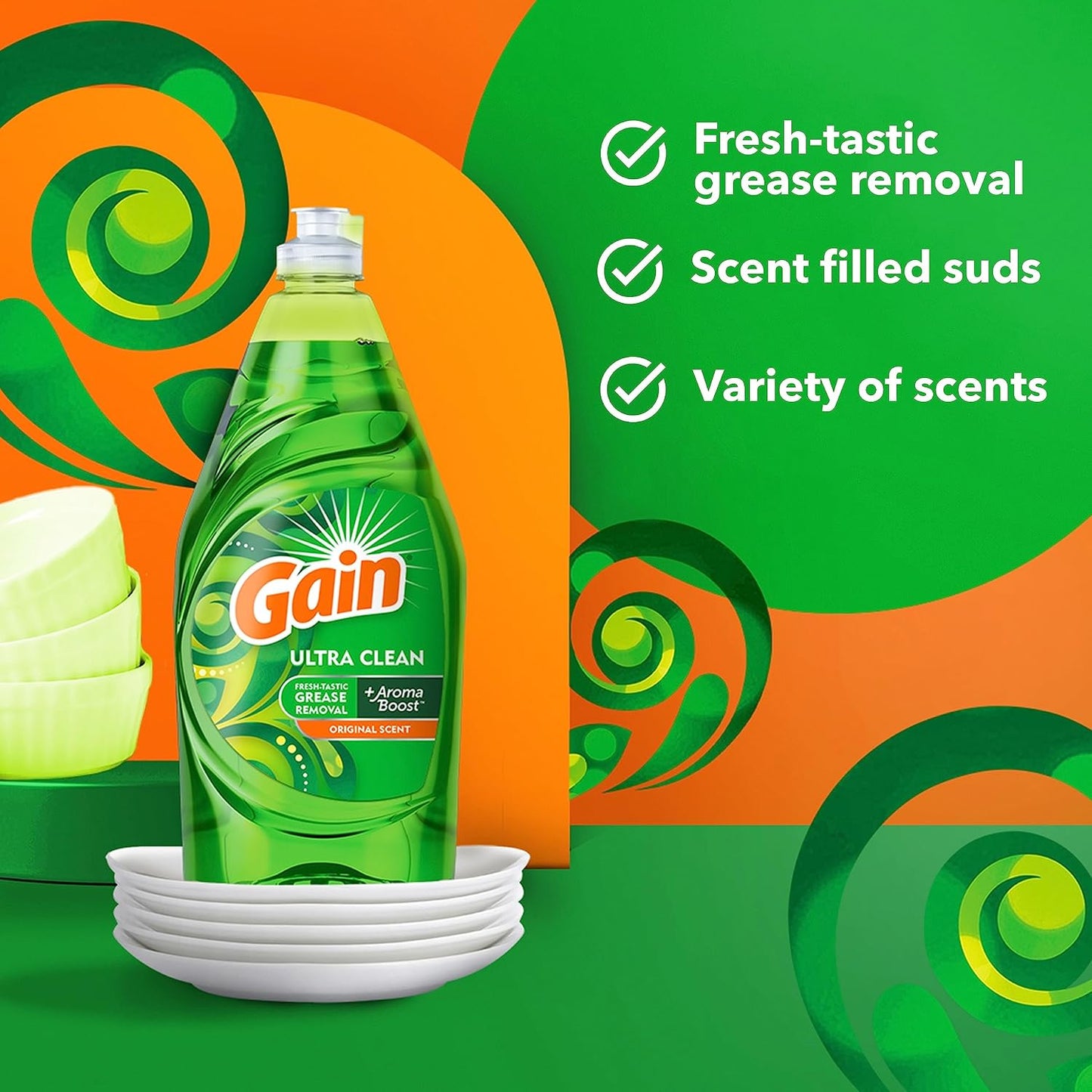 Gain Ultra Dishwashing Liquid Dish Soap - Original Scent - 38 fl oz (1124mL) × 3 Bottles