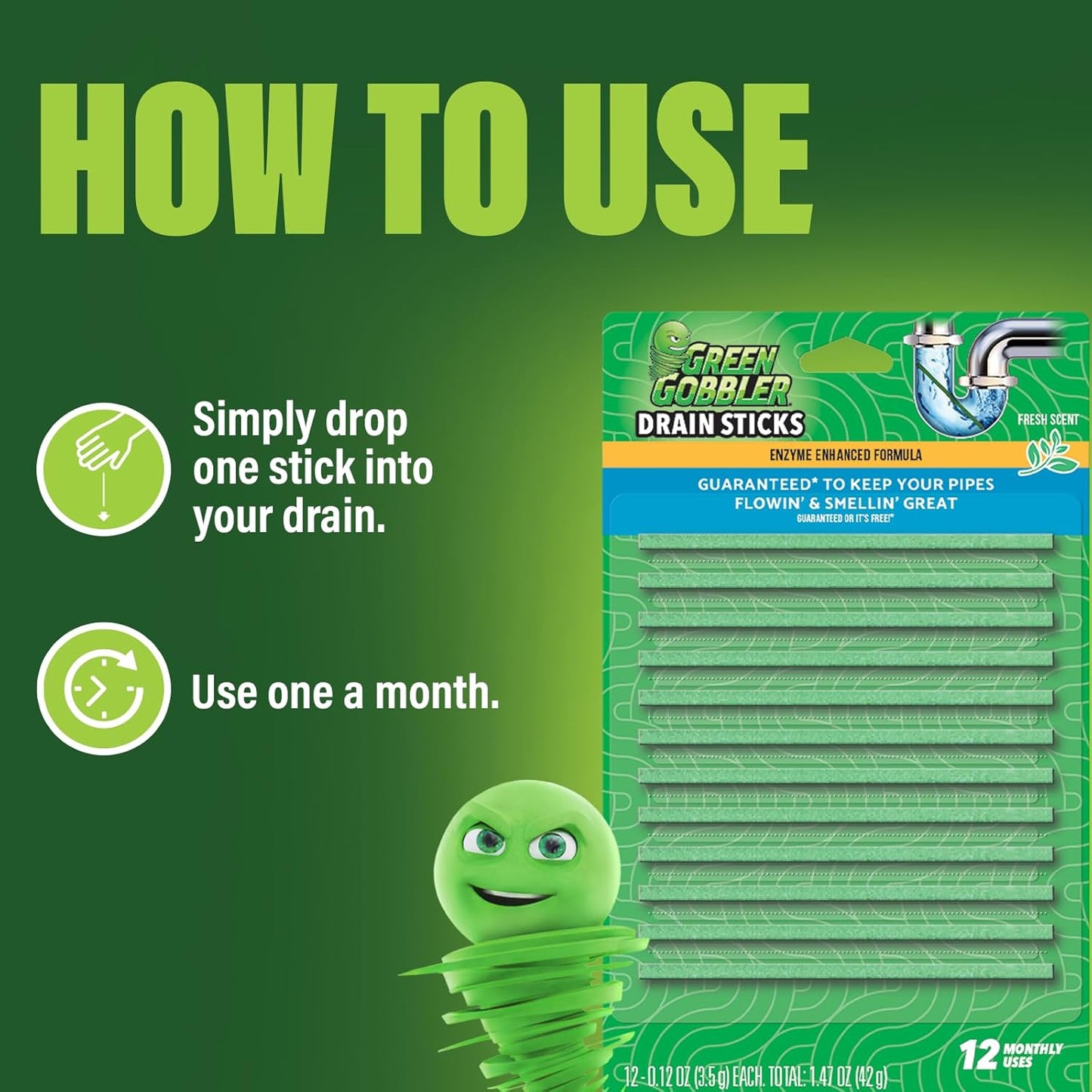 Green Gobbler Drain Cleaner & Deodorizer Fresh Scent Sticks - 24 Sticks