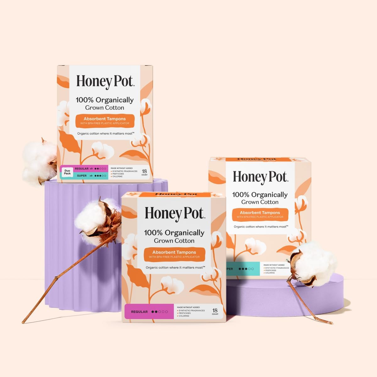 The Honey Pot Company Organic Cotton Tampons - Regular Absorbency - Unscented - 54 Count