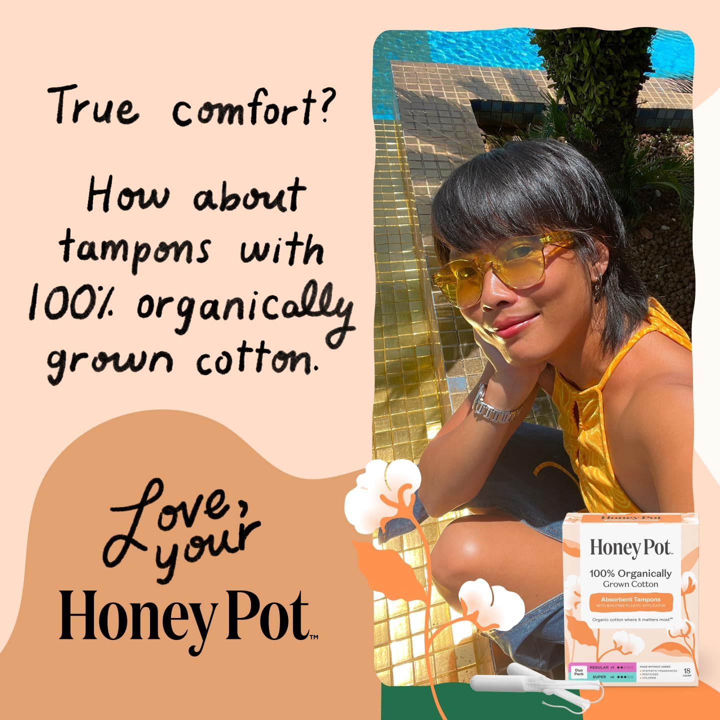 The Honey Pot Company Organic Cotton Tampons - Regular Absorbency - Unscented - 54 Count
