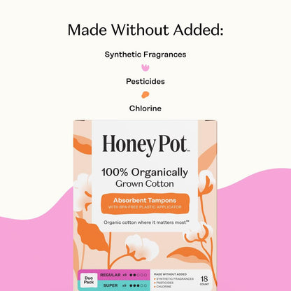 The Honey Pot Company Organic Cotton Tampons - Regular & Super - Unscented - 54 Count