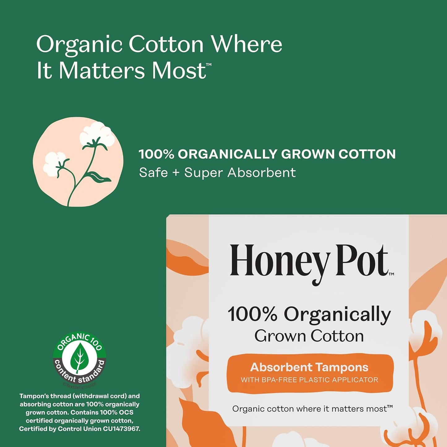 The Honey Pot Company Organic Cotton Tampons - Regular & Super - Unscented - 54 Count