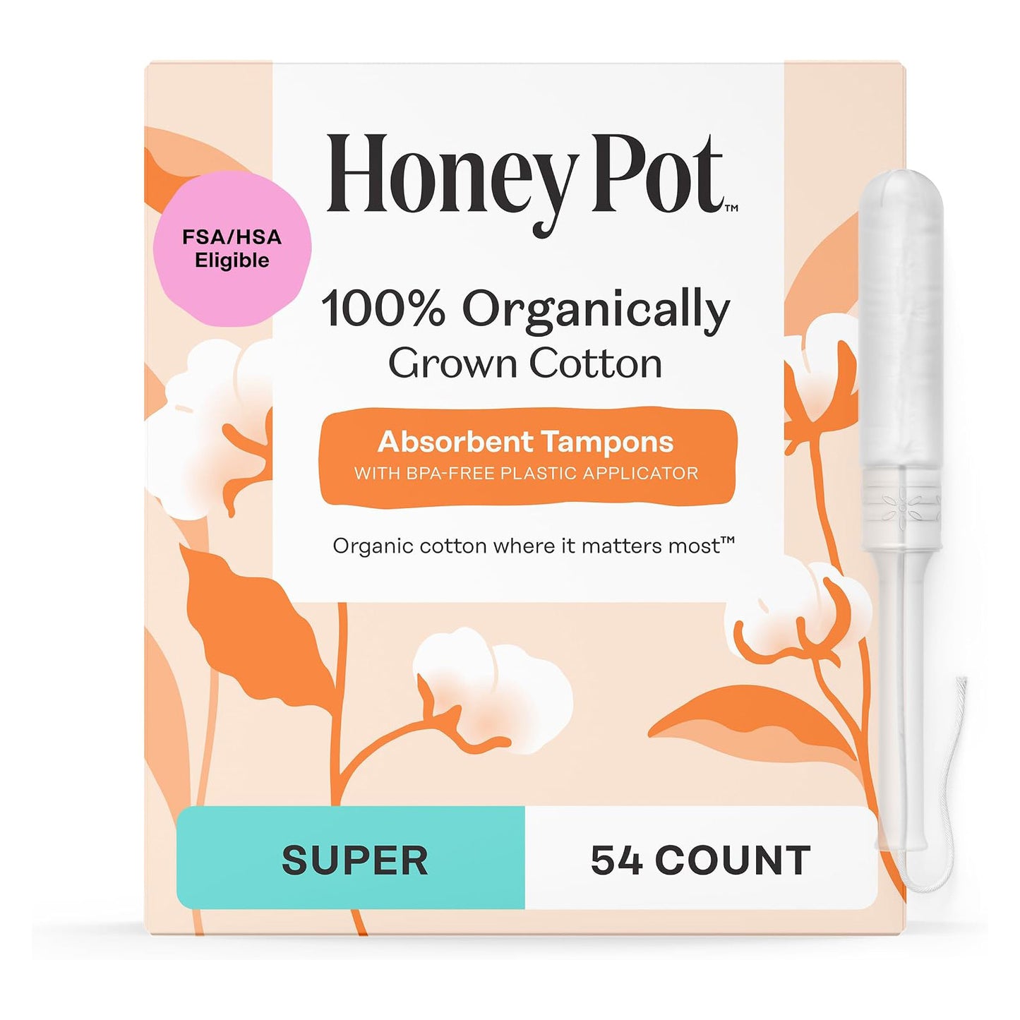 The Honey Pot Company Organic Cotton Tampons - Super Absorbency - Unscented - 54 Count