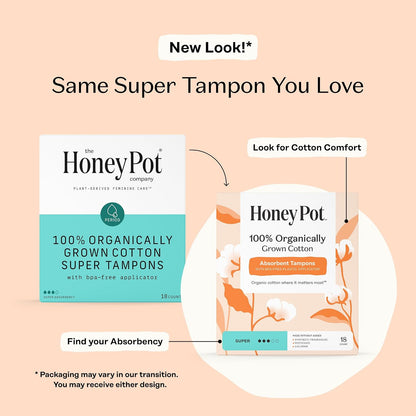 The Honey Pot Company Organic Cotton Tampons - Super Absorbency - Unscented - 54 Count
