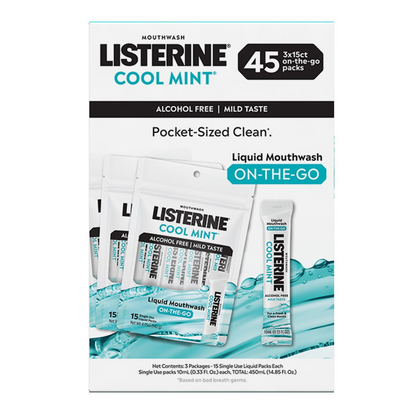 Listerine 리스테린 On-The-Go 쿨 민트 무알코올 구강세정제 사쉐 45개 단회용 패킷 (3 × 15ct) TSA 준수·CPC 항균