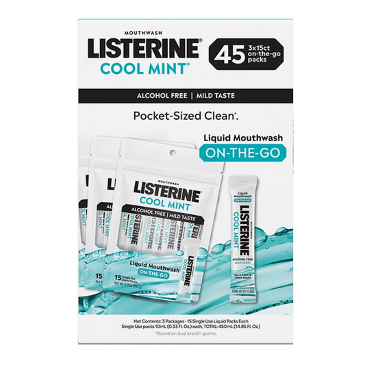 Listerine 리스테린 On-The-Go 쿨 민트 무알코올 구강세정제 사쉐 45개 단회용 패킷 (3 × 15ct) TSA 준수·CPC 항균