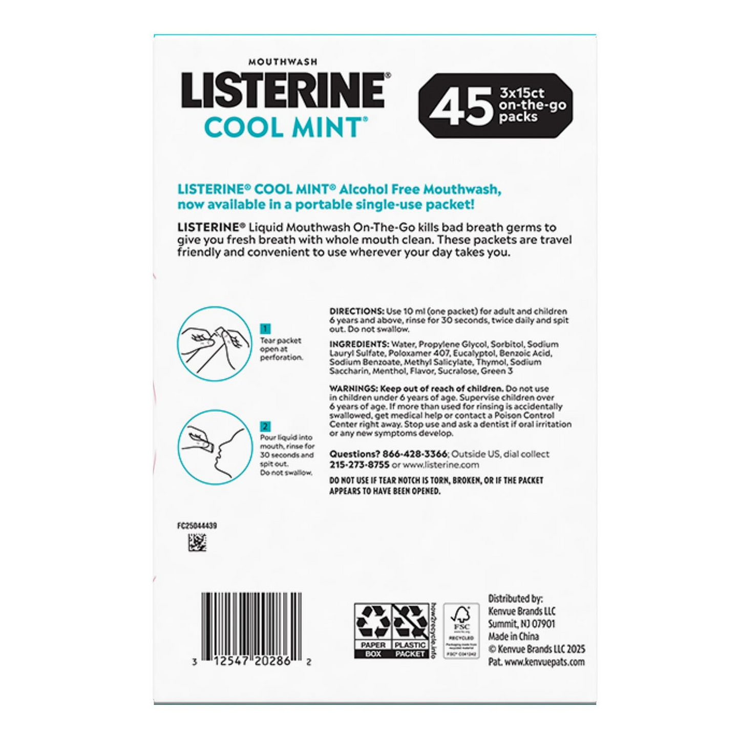 Listerine 리스테린 On-The-Go 쿨 민트 무알코올 구강세정제 사쉐 45개 단회용 패킷 (3 × 15ct) TSA 준수·CPC 항균